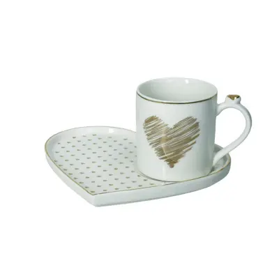 Set skodelica za čaj na podstavku Amore Mio / srčki / 2 kos / porcelan