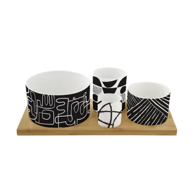 Set skledica z lesenim podstavkom Graffiti 29x13cm / 4 kos / porcelan, les