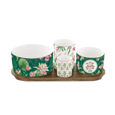 Set skledice na lesenem podstavku Botanic Chic 29x13cm / porcelan. les