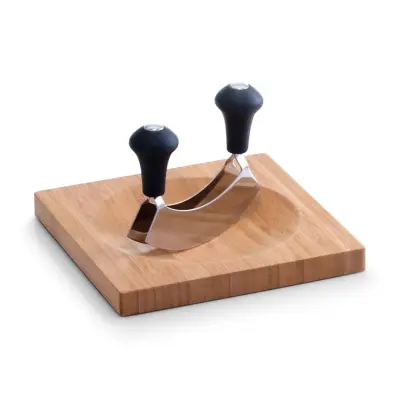 Deska za zelišča z nožem za sekljanje Mezzaluna 20x20xh1,5cm / les, inox, plastika