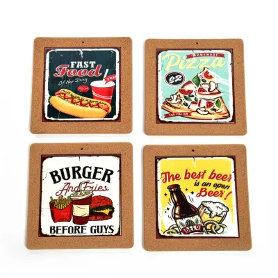 Podstavek za kozico Fast Food 20x20cm / več napisov / keramika, pluta