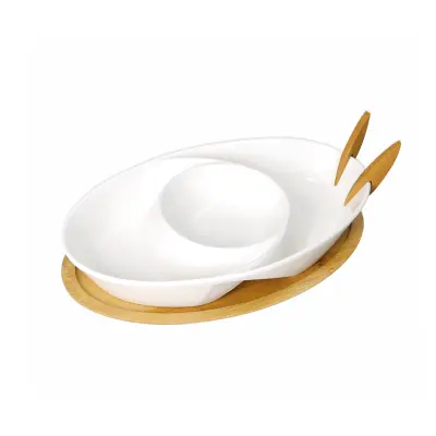Krožnik s podstavkom+2 vilici Abbraccio / ovalen / porcelan, les