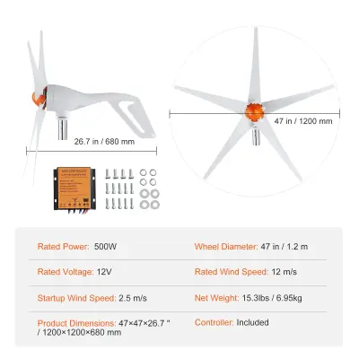 Generator vetrne turbine, 12V 500W/800W, MPPT krmilnik, 12V 500W 5 lopatic