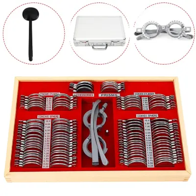 Optometrijski komplet preizkusnih leč, 104 kosov, popoln set z dodatki, trdna škatla za shranjevanje