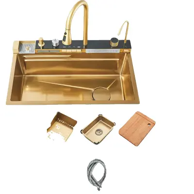 Brušeni zlati kuhinjski umivalnik, prostoren enojni kotliček, trpežna zasnova iz nerjavnega jekla, brušeni zlati 75X45