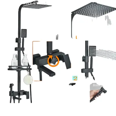 Kopalniška tuš set, dežni tuš stolpec, mešalni pipa iz medenine, 4 načini črna