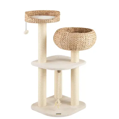Lesena praskalnica za mačke s košaro in sisalom 104 cm