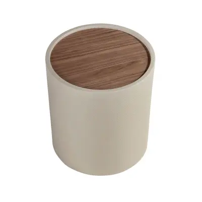 Okrogla stranska mizica iz orehovega lesa, orehovega lesa in lesa, oblazinjenega v umetno usnje barve peska