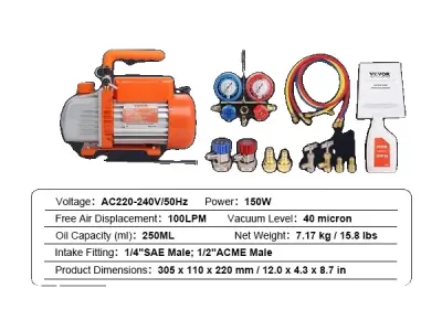 HVAC vakuumska črpalka, enostopenjska rotacijska lopatica, A/C hladilni komplet, 35CFM A2L