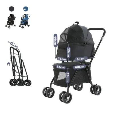 Dvojni voziček za hišne ljubljenčke, odstranljive torbe, 360-stopinjska kolesa, ABX0044BK, kot na sliki