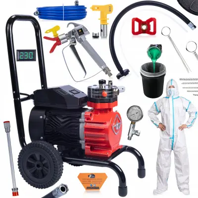 Set Airless Brizgalna Naprava Strong Storm 1100 RSS05 – 3500W, 22MPa, 18L/min, Obleka, Pištola, Šoba 517, Čistilni Izdelki