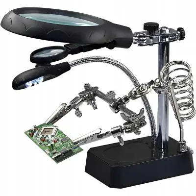 Trikratna Ročna Magnifier 3x 7.7x 10x – Penilna Šoba, 5x LED, Ročaj Za Spajkalnik, USB In AA Napajanje | 90 Mm, Hlev Kovinska Osnova