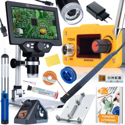 Nanopro 8v1 Lutovalni Set – Digitalni Mikroskop 7" LCD 1200x, T12 Spajkalna Postaja, Topilo, Kalafonija, Držalo PCB