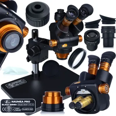 Haumea Pro Black Series MSHP-T-PS1-B Trinokularni Mikroskop – 6,5x–58x, Glava 360°, Podstavek 38x26 Cm, WF 10x/23