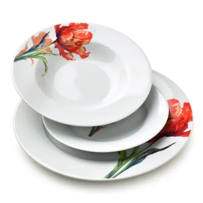 Jedilni servis porcelan Mondex Lea Tulip 27/21,8/19,2 cm bel z rdečim cvetličnim vzorcem 18-delni set za 6 oseb