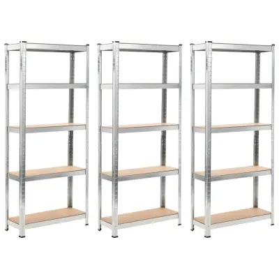 vidaXL Regal s policami 5-nadstropni 3 kosi srebrno jeklo in inž. les