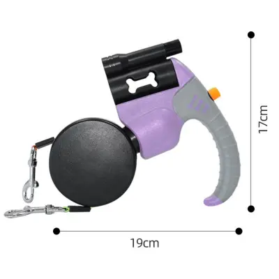 Zunanji dvojni povodec za pse z dvema glavama, zložljivim povodcem in LED lučko, upravljanje z enim gumbom na baterije Purple+grey