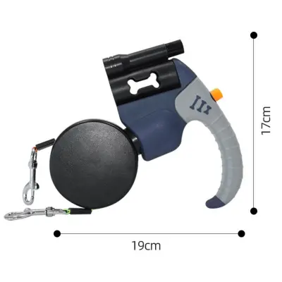 Zunanji dvojni povodec za pse z dvema glavama, zložljivim povodcem in LED lučko, upravljanje z enim gumbom na baterije Blue + Grey