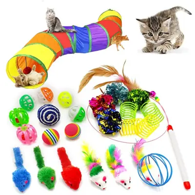 25-delni večbarvni komplet igrač za mačke z mavričnim S-tunelom