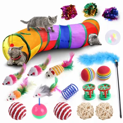 Komplet 20 igrač za mačke: perje, sisal, tunel in miške
