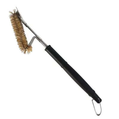 Krtača za čiščenje žara BBQ z bakreno žico in ravno glavo z valjasto glavo, ročaj iz ABS-a s ščetinami iz nerjavečega jekla, črna