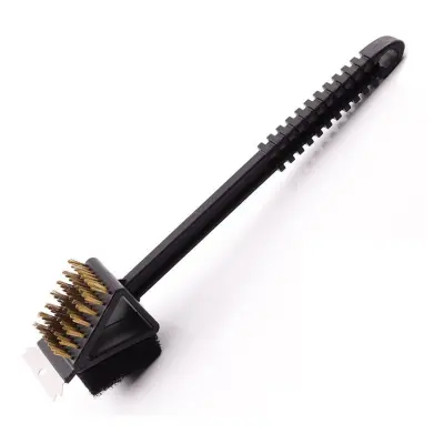 Krtača za čiščenje žara BBQ 3-v-1, 14,5-palčna bakrena žica z dolgim ročajem, črna