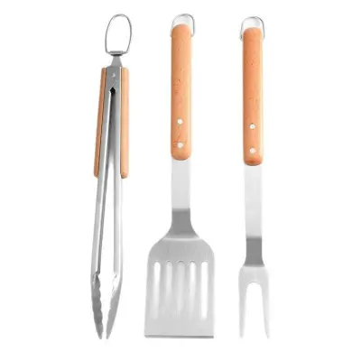3-delni komplet orodij za žar iz nerjavečega jekla z ročaji iz bukovega lesa - lopatica, vilice in klešče, prenosni komplet srebrnega žara