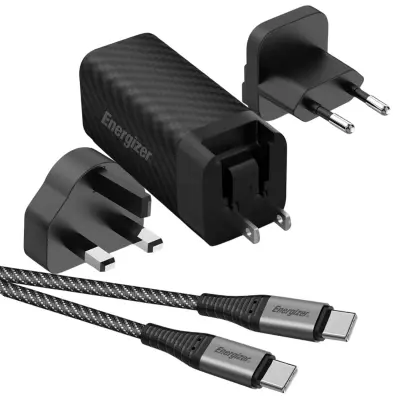 ENERGIZER, Stenski polnilec z USB-C in USB-A priključkoma 65W PD GaN z EU / UK / US adapterji, Črna