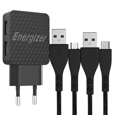 ENERGIZER, Kompakten stenski polnilec z 2 USB-A priključkoma 12W 2.4A z dvema priloženima kabloma, Črna