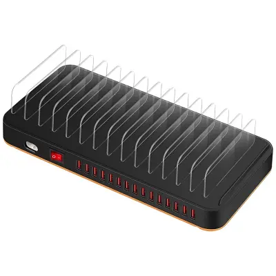 Postaja za polnjenje pametnih telefonov in tablic z 15 USB priključki, ventilacijo in podporo., Črna