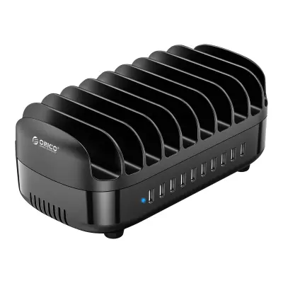 Postaja za polnjenje pametnih telefonov in tablic z 10 USB priključki, 120W z ventilacijo, Črna