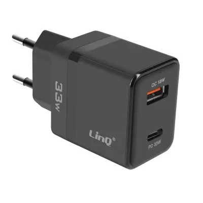 LinQ, Omrežni polnilec USBC 33W + USB 18W Compact, Črna