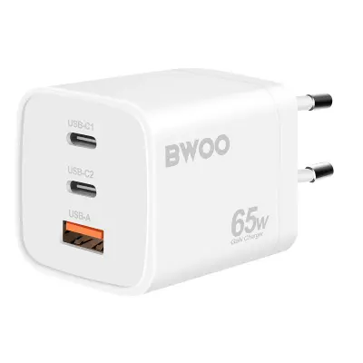 Bwoo, Polnilec 65W GaN USB-C USB-A 3 vrata, Bela