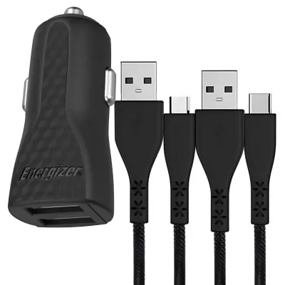 ENERGIZER, Avtopolnilec 2 USB-A 2.4A HardCase s kablom USB-C in Micro-USB, Črna