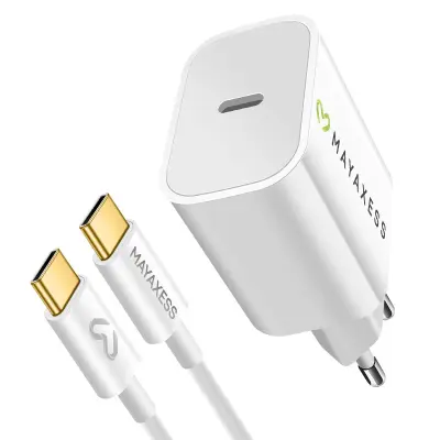 Mayaxess, 20W omrežni polnilnik z 1m USB-C kablom za iPhone 17 Pro, Bela