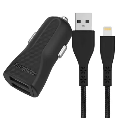 ENERGIZER, Avtopolnilec 2 USB 17W 3.4A HardCase s kablom Lightning na USB, Črna