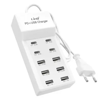 LinQ, Večportna polnilna postaja 4 USB-C + 6 USB 50W kabel 1m kompaktna, Bela