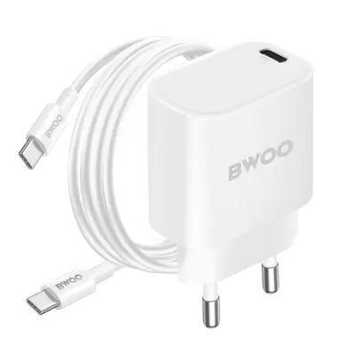Bwoo, Polnilec 20W USB-C s kablom 60W Power Delivery, Bela