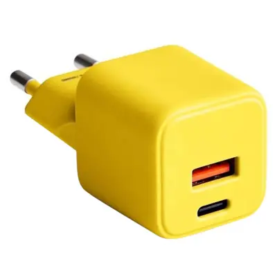 Forever, Hitri stenski polnilnik USB-A 18W QC / USB-C 30W PD Compact GaN, Rumena