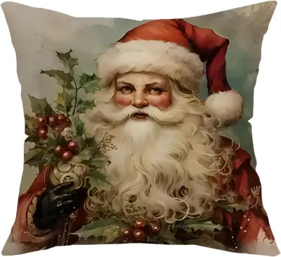 Božična prevleka za vzglavnik z motivom Božička, 45 x 45 cm, dekorativna praznična prevleka iz bombaža in lana s skrito zadrgo