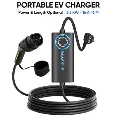 Tip 2 EV Polnilni Kabel za Električna Vozila – 1-Fazni 3.5 kW, Nastavljiv Tok (6/8/10/13/16 A), Prenosni Polnilec 6M s Schuko
