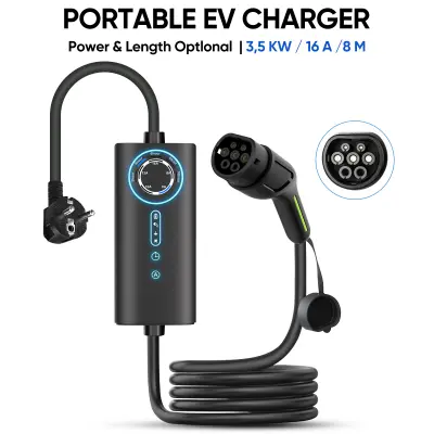 1-Fazni EV Polnilni Kabel Tip 2 – 3.5 kW, Nastavljiv Tok 6–16 A (5 Stopenj), 8M Dolžina, Schuko Vtič, Prenosni Polnilec