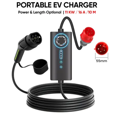 3-Fazni EV Polnilni Kabel Tip 2 – 11 kW, 16 A, Nastavljiv Tok (6/8/10/13/16 A), 10M Dolžina, Schuko Vtič, Prenosni Polnilec