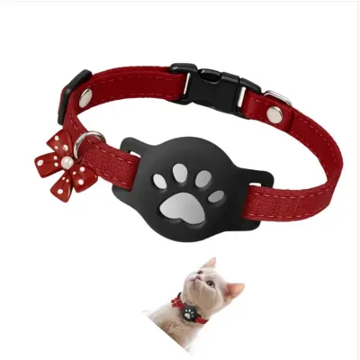 Adjustable Reflective Cat Collar with Silicone AirTag Holder, Waterproof Red