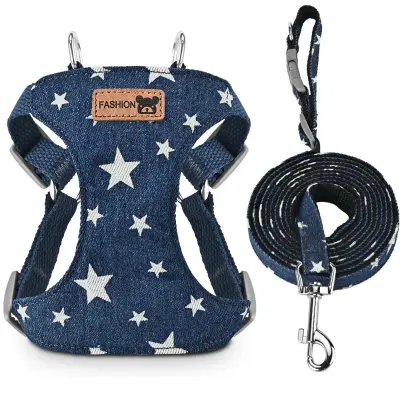 Denim Star Pattern Dog Vest Harness and 2m Leash Set for Small-Medium Dogs  L