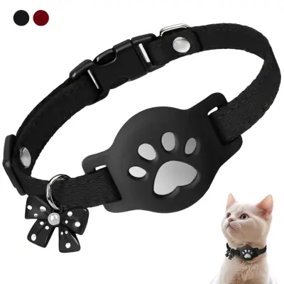 Adjustable Reflective Cat Collar with Silicone AirTag Holder, Waterproof Black