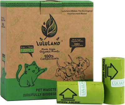 Vrečke za pasje iztrebke LULULAND ekološke in razgradljive, 120 kosov (8 rol), močne in neprepustne, z vonjem sivke, zelene
