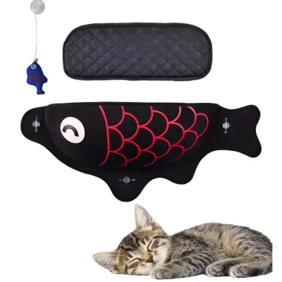 Mačje ležišče za okno na steklo v obliki ribe, črna stenska viseča mreža s priseski iz EVA materiala, 56x18x20 cm