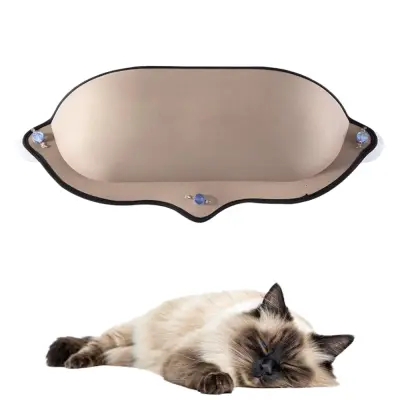 Ležišče za mačke na okensko steklo, viseča mreža s priseski in mehko blazino, bež barva, dimenzije 72x25x15 cm