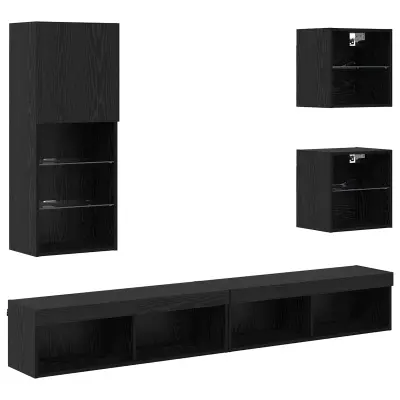 vidaXL TV stenske enote z LED 5 pcs Črna Orehovina Konstruiran les